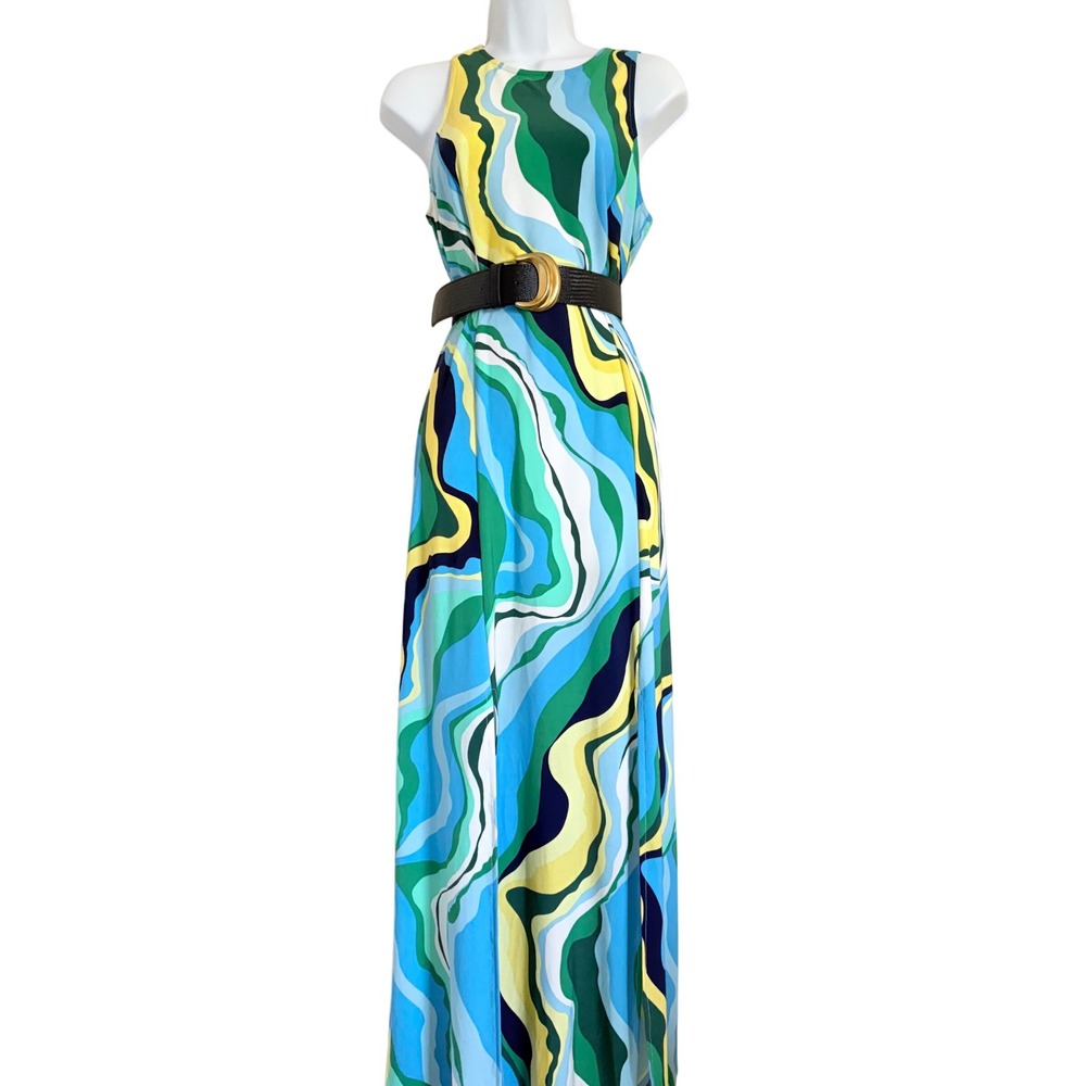 Donna Morgan Blue Green Yellow Swirl‎ Sleeveless Maxi Dress Size 10